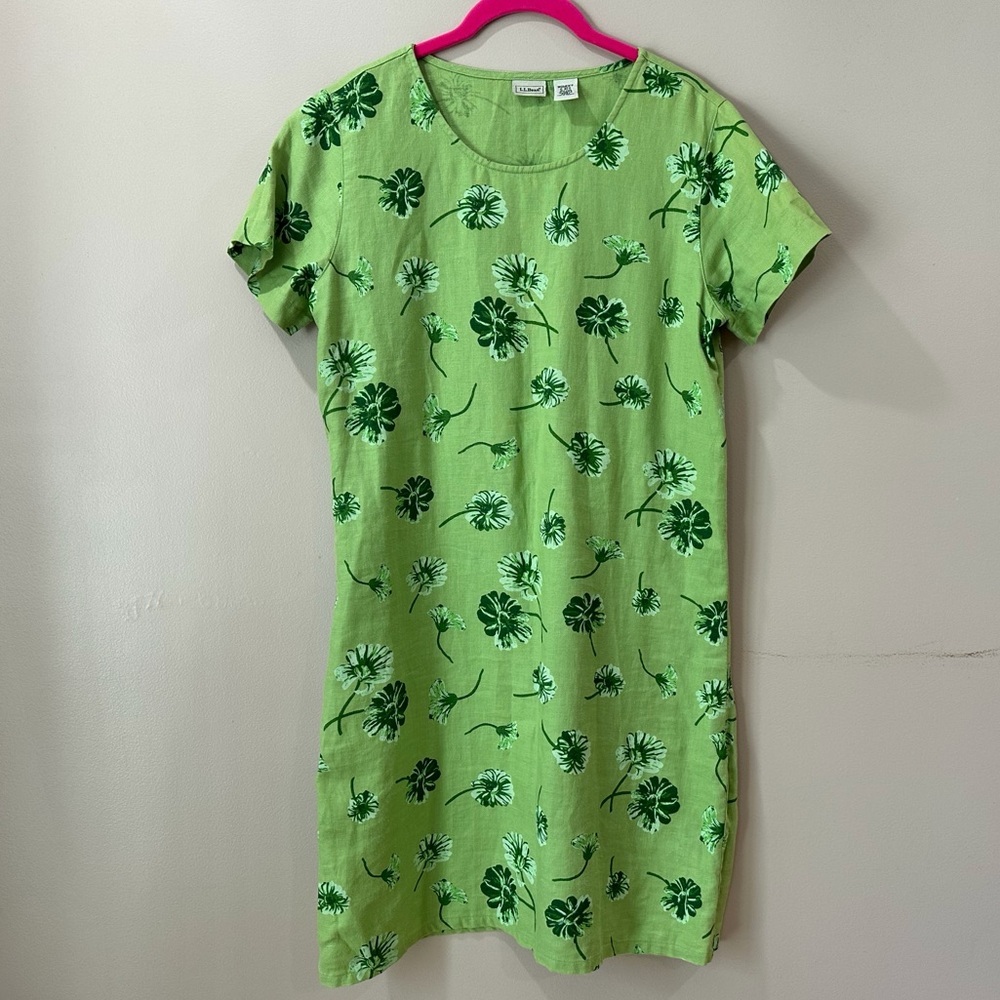 vintage L.L. Bean short sleeve shift dress Lime Green Floral Linen Women Size 6